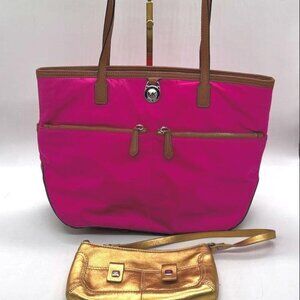 Michael Kors Kempton Hot Pink Nylon Tote Bag and Gold Mini Shoulder Bag Bundle